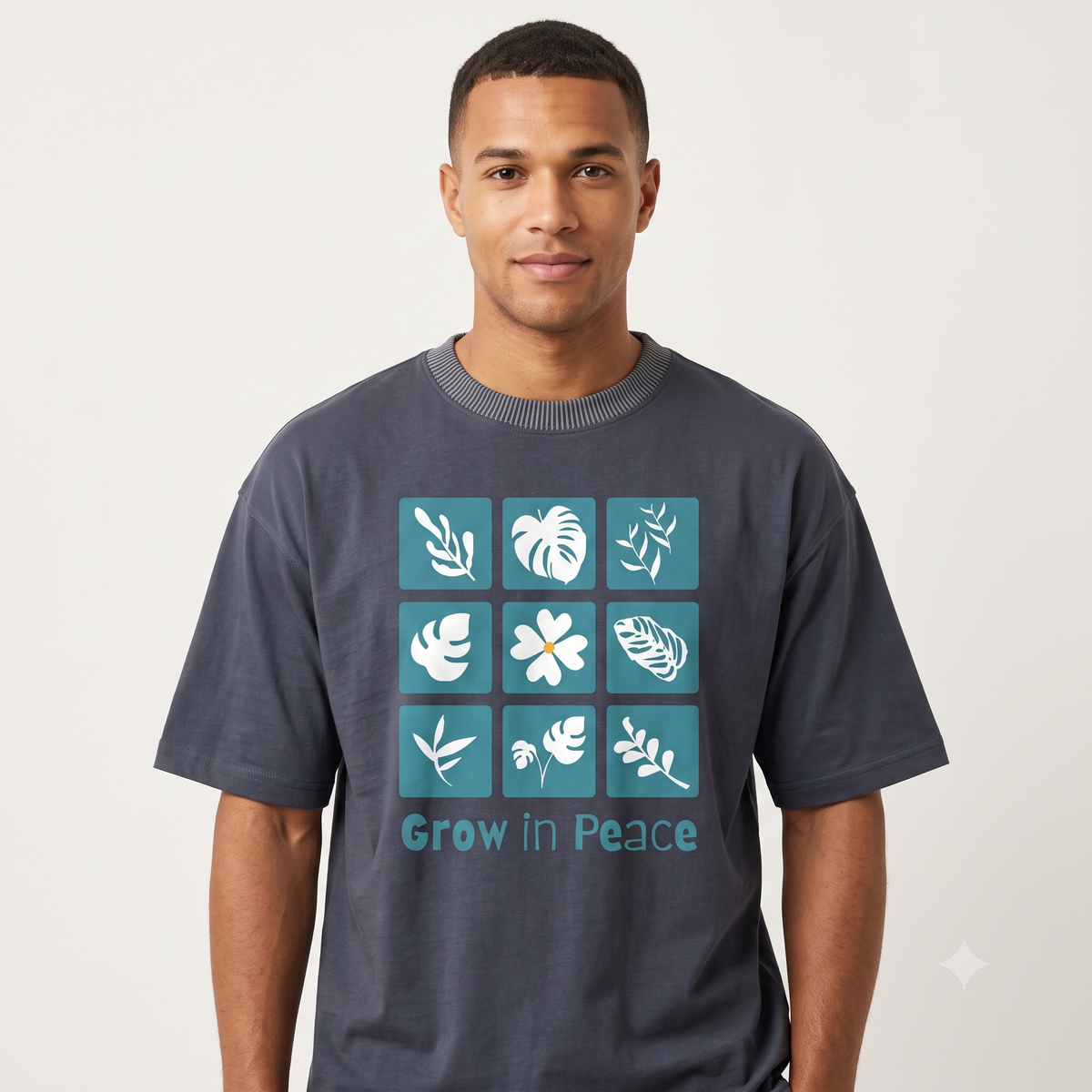 Unisex Grow in Peace Botanical Graphic Navy T-Shirt