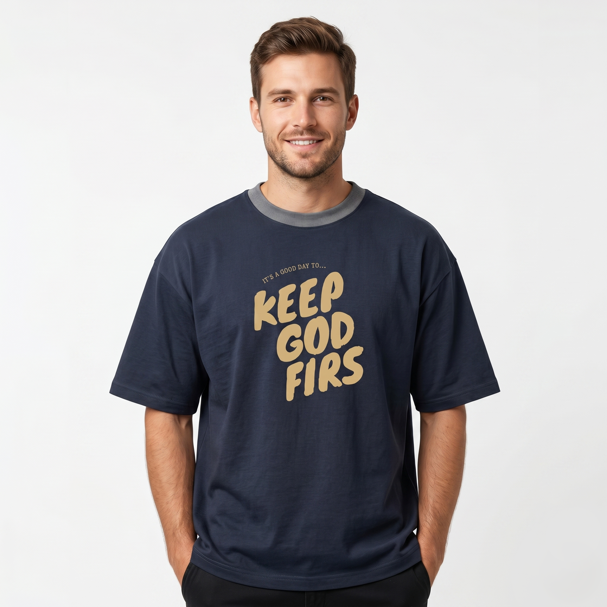 Men's Dark Grey Keep God First Oversized T-Shirt