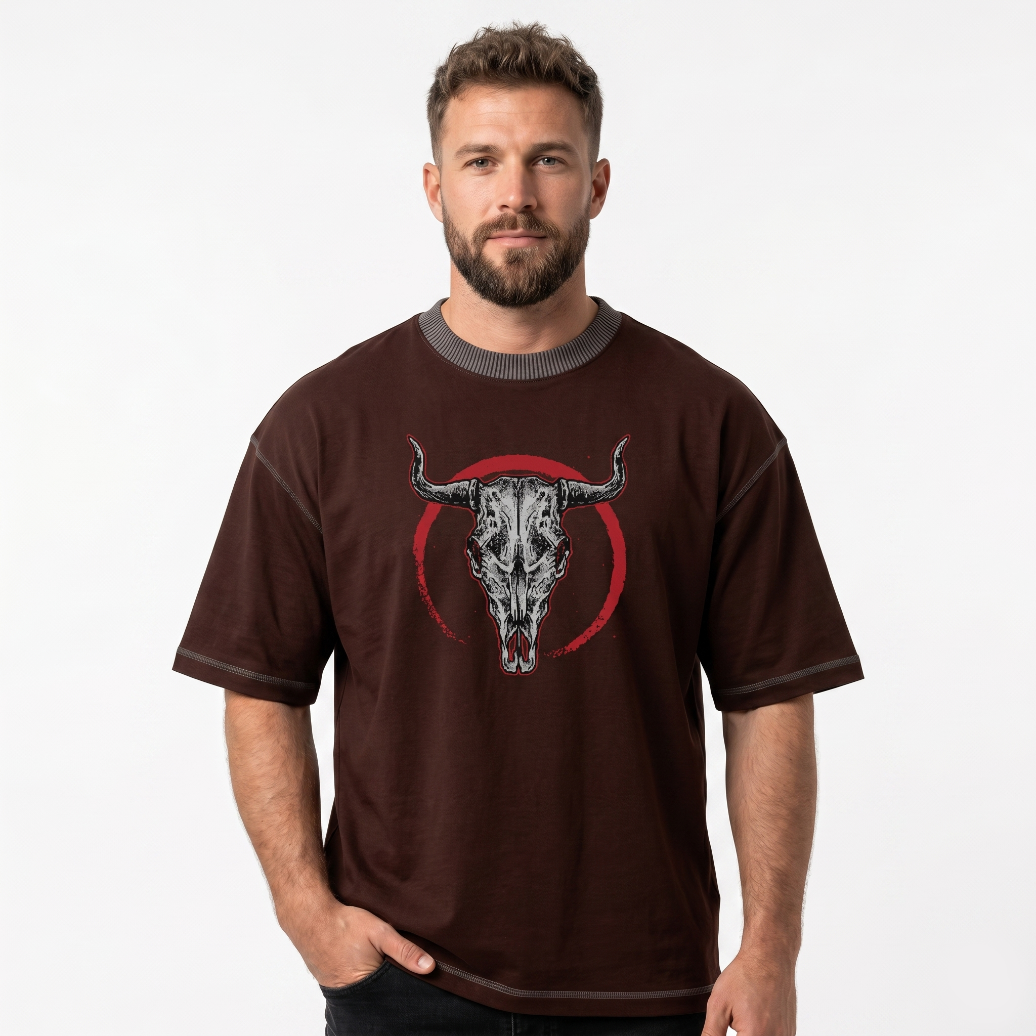 Men's Brown Bull Skull Graphic Oversized T-Shirt