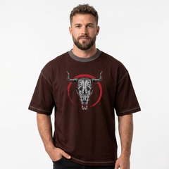 Men's Brown Bull Skull Graphic Oversized T-Shirt