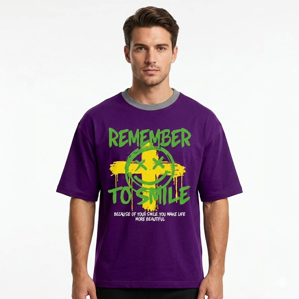 Men's Purple Remember To Smile Graphic Oversized T-Shirt