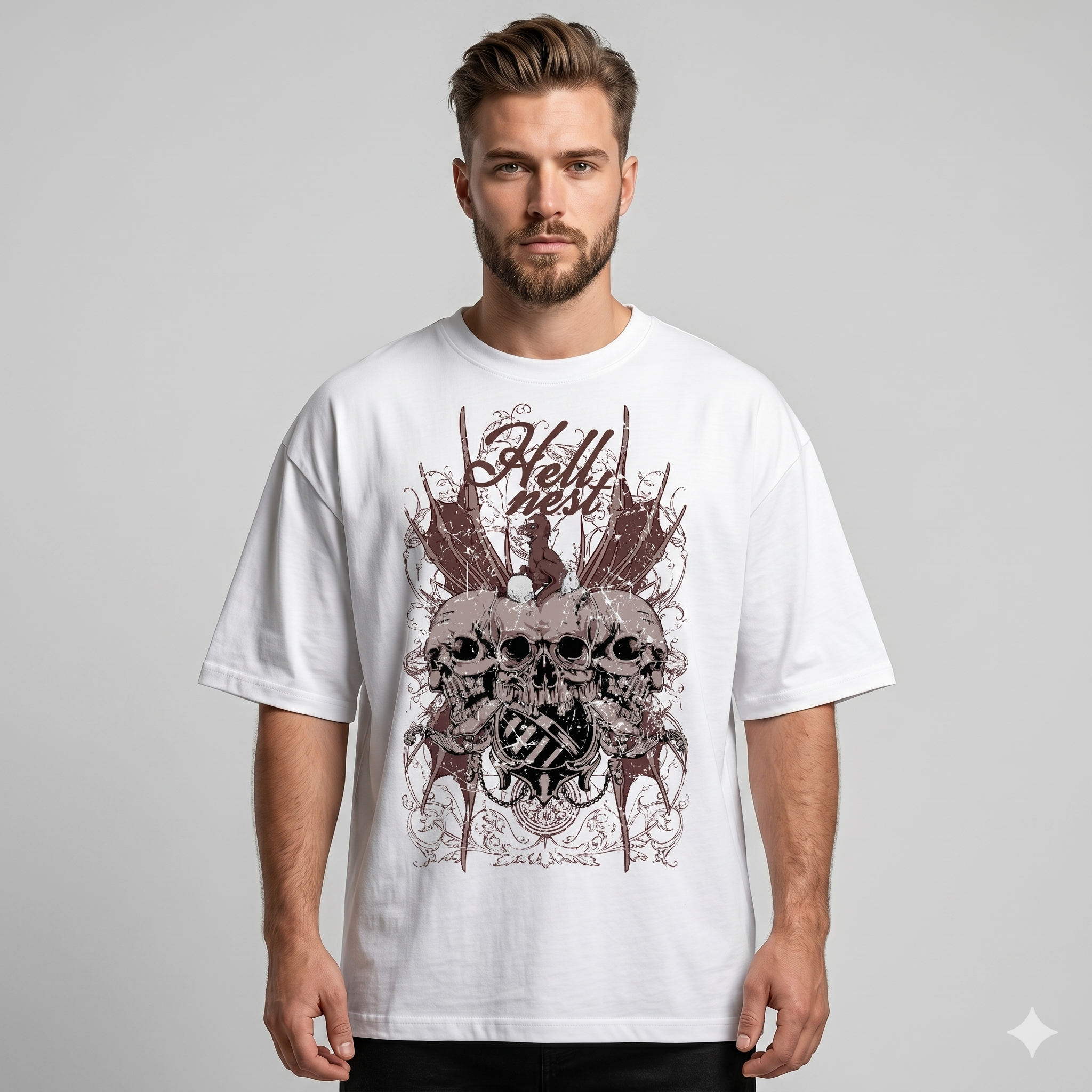 Men's White Hell Nest Skull Graphic Oversized T-Shirt