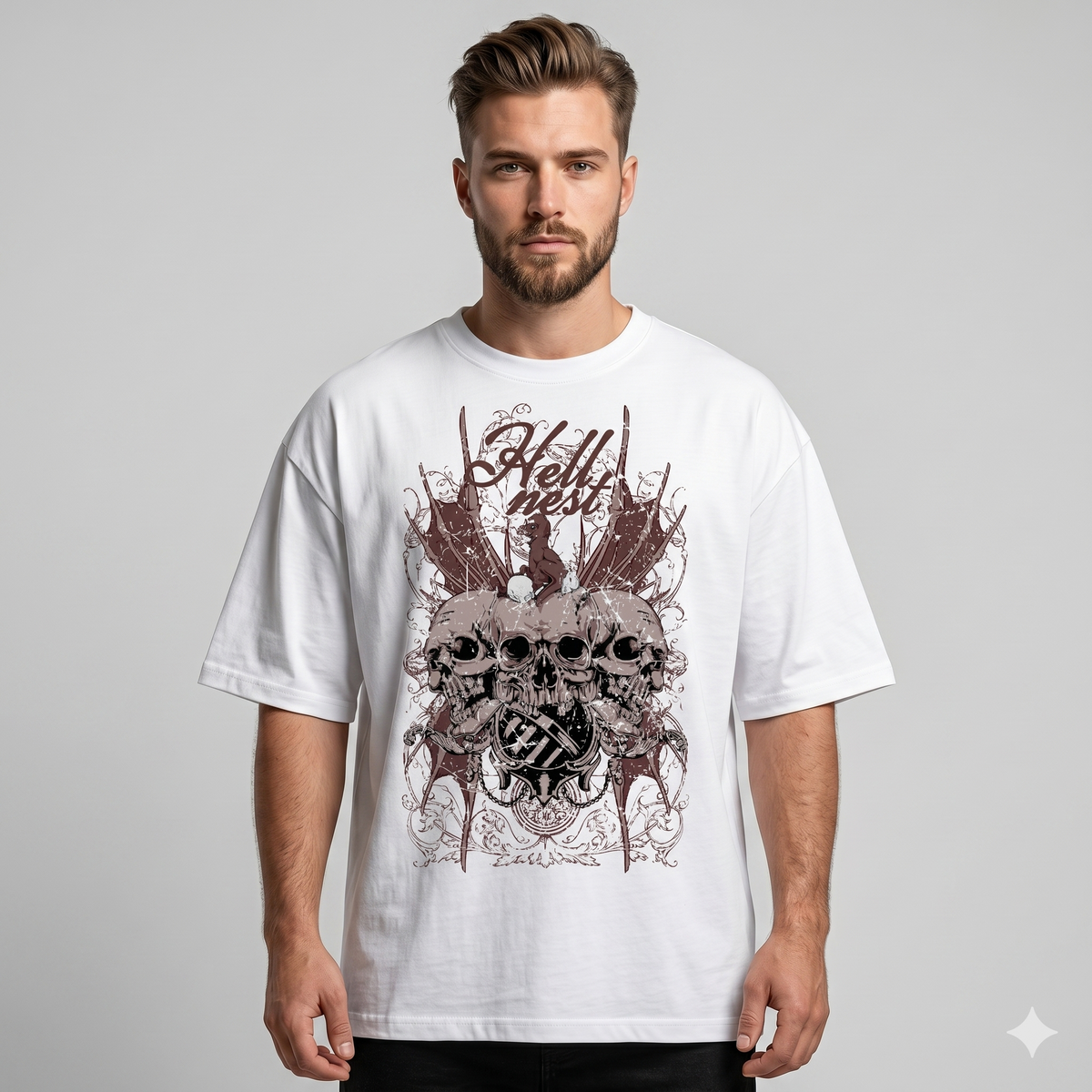 Men's White Hell Nest Skull Graphic Oversized T-Shirt