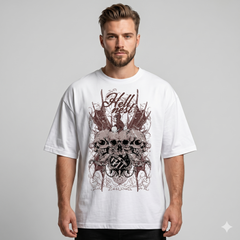 Men's White Hell Nest Skull Graphic Oversized T-Shirt