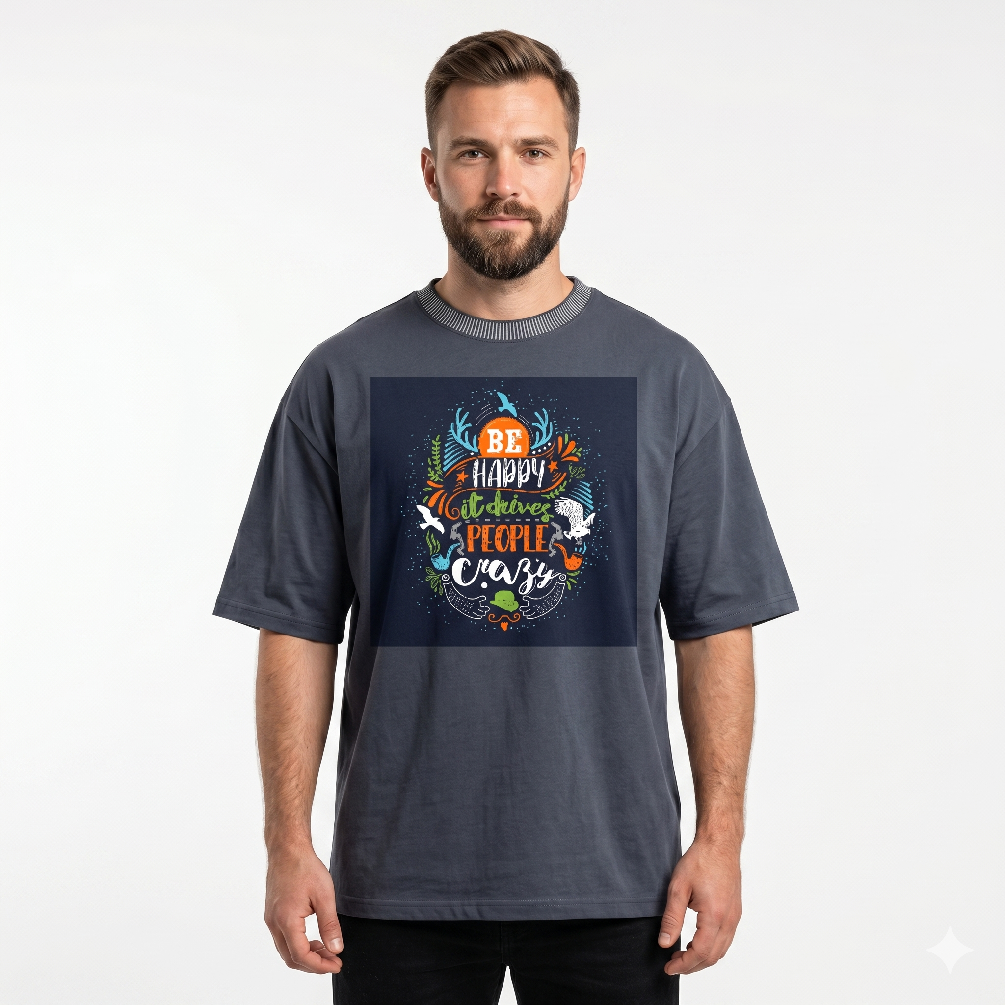Men's Grey Be Happy Graphic Oversized T-Shirt