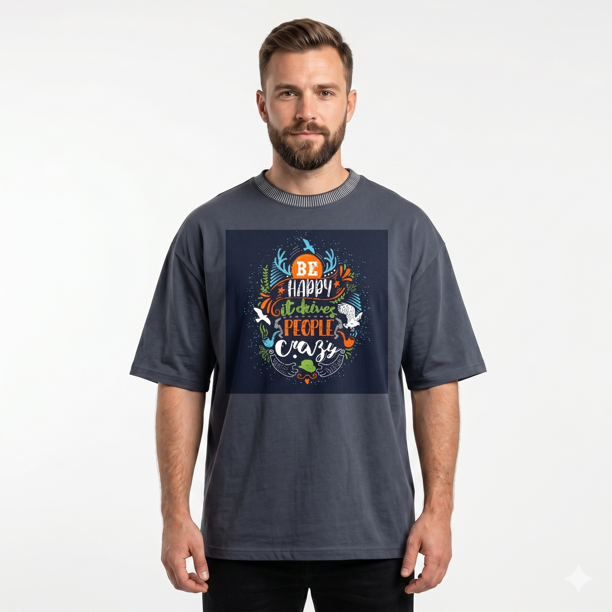 Men's Grey Be Happy Graphic Oversized T-Shirt