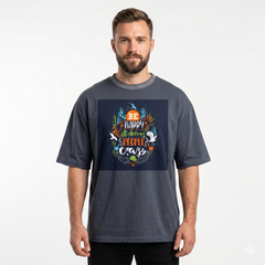 Men's Grey Be Happy Graphic Oversized T-Shirt