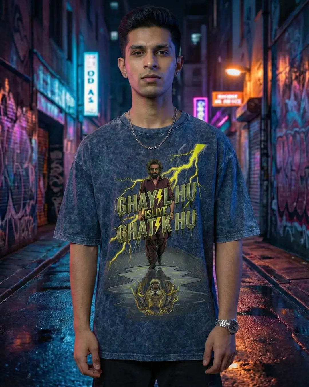 Grey Acid Wash Oversized Graphic Streetwear T-Shirt Secondary image