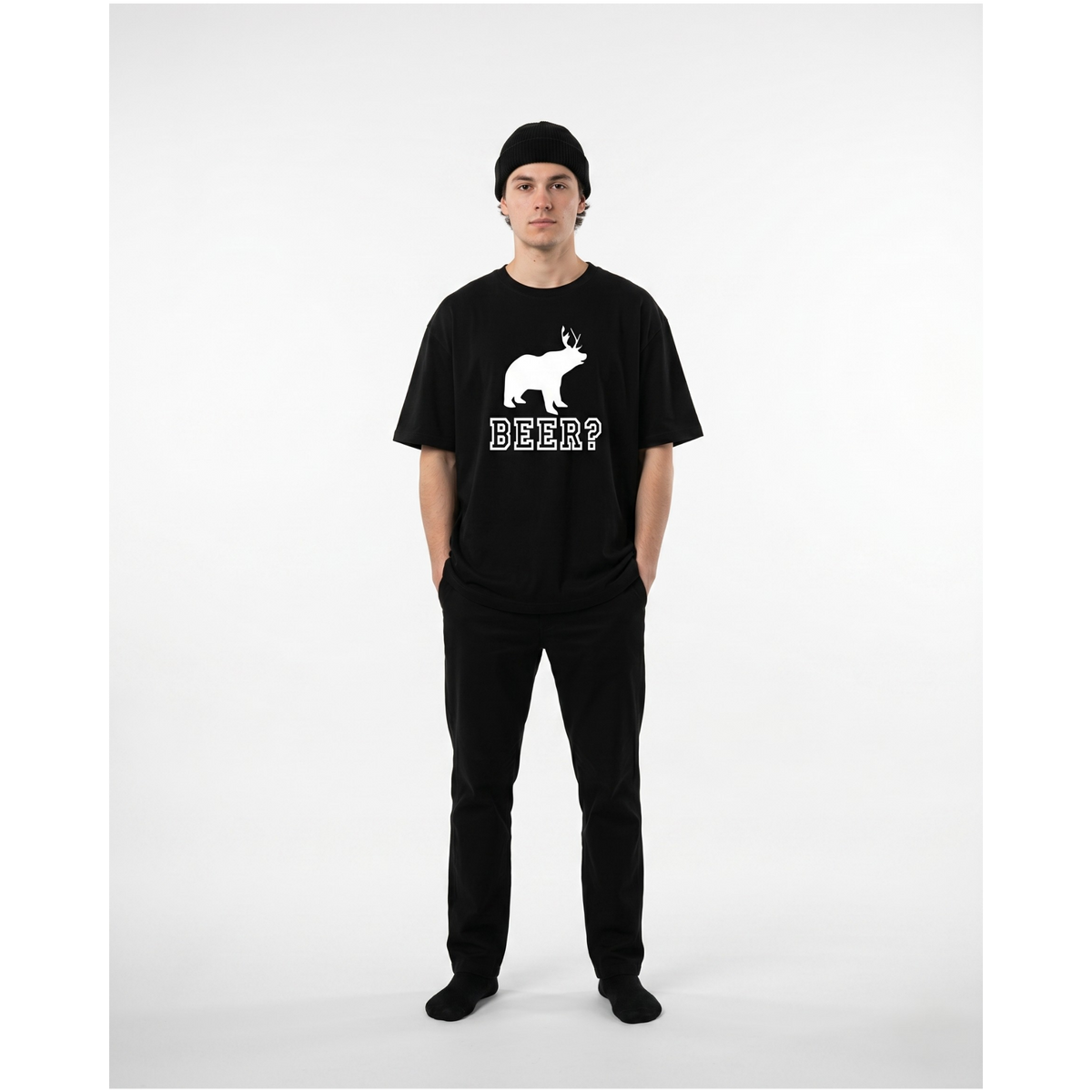 Black Oversized Beer Graphic T-Shirt for Men