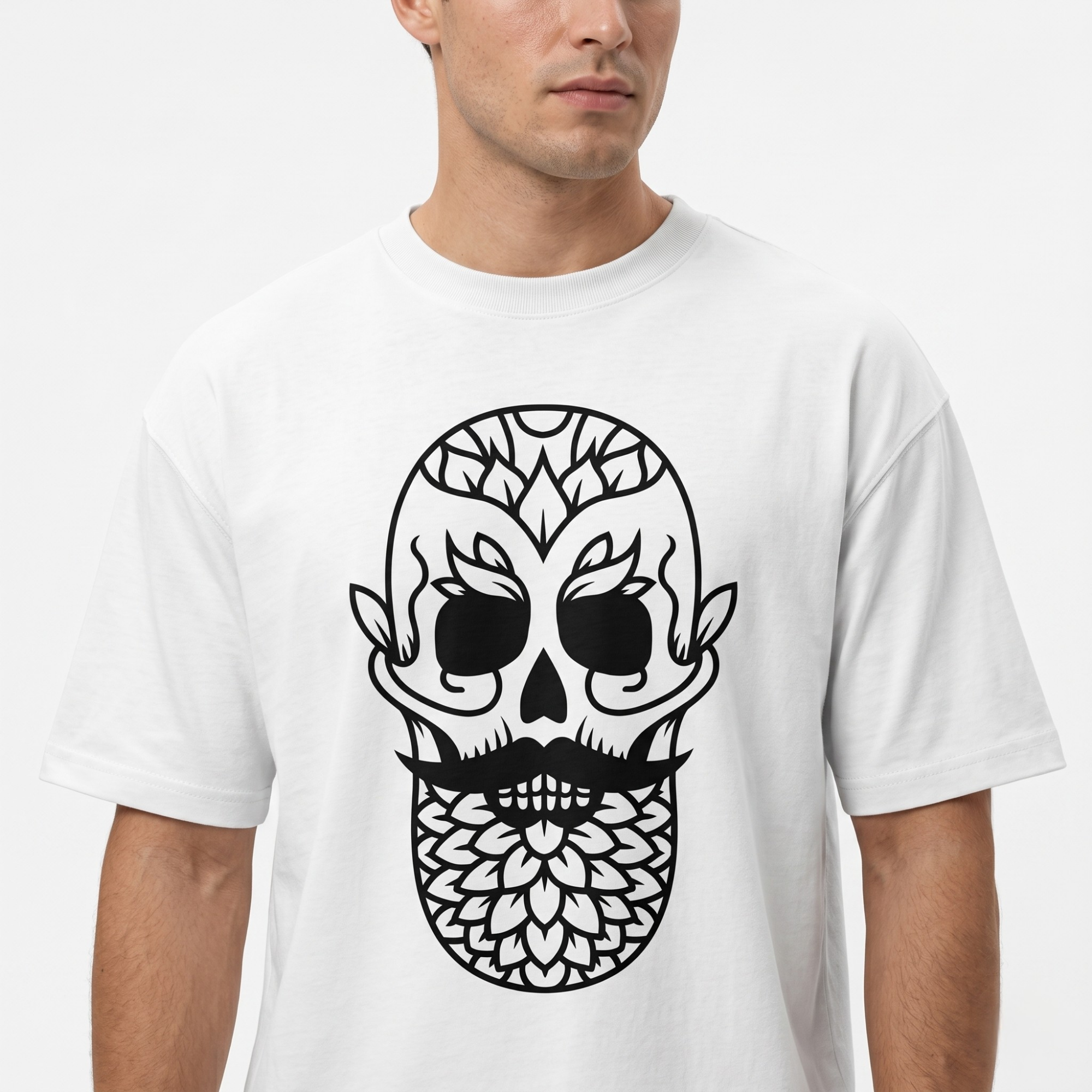 White Oversized Bearded Skull Graphic T-Shirt For Men
