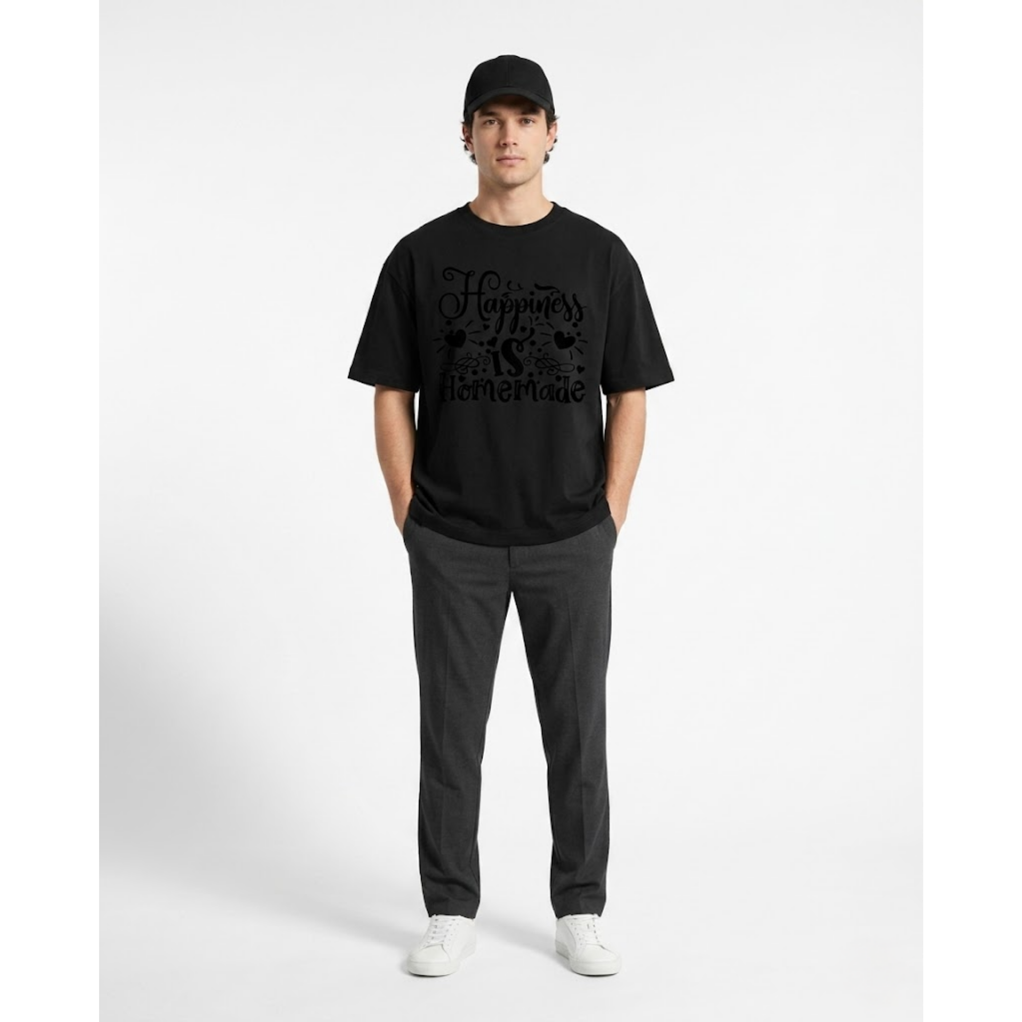 Black Oversized Happiness is Homemade Graphic T-Shirt