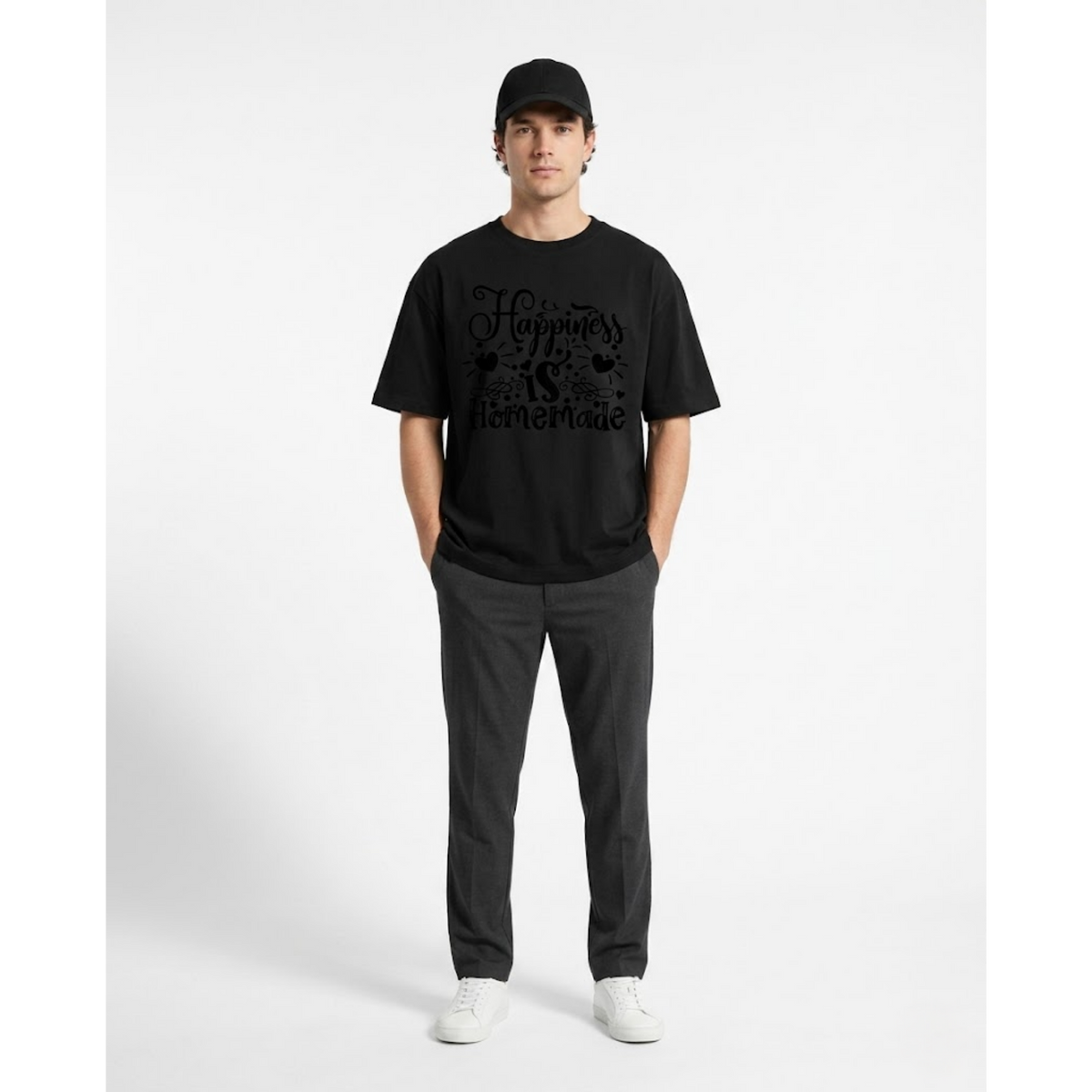 Black Oversized Happiness is Homemade Graphic T-Shirt