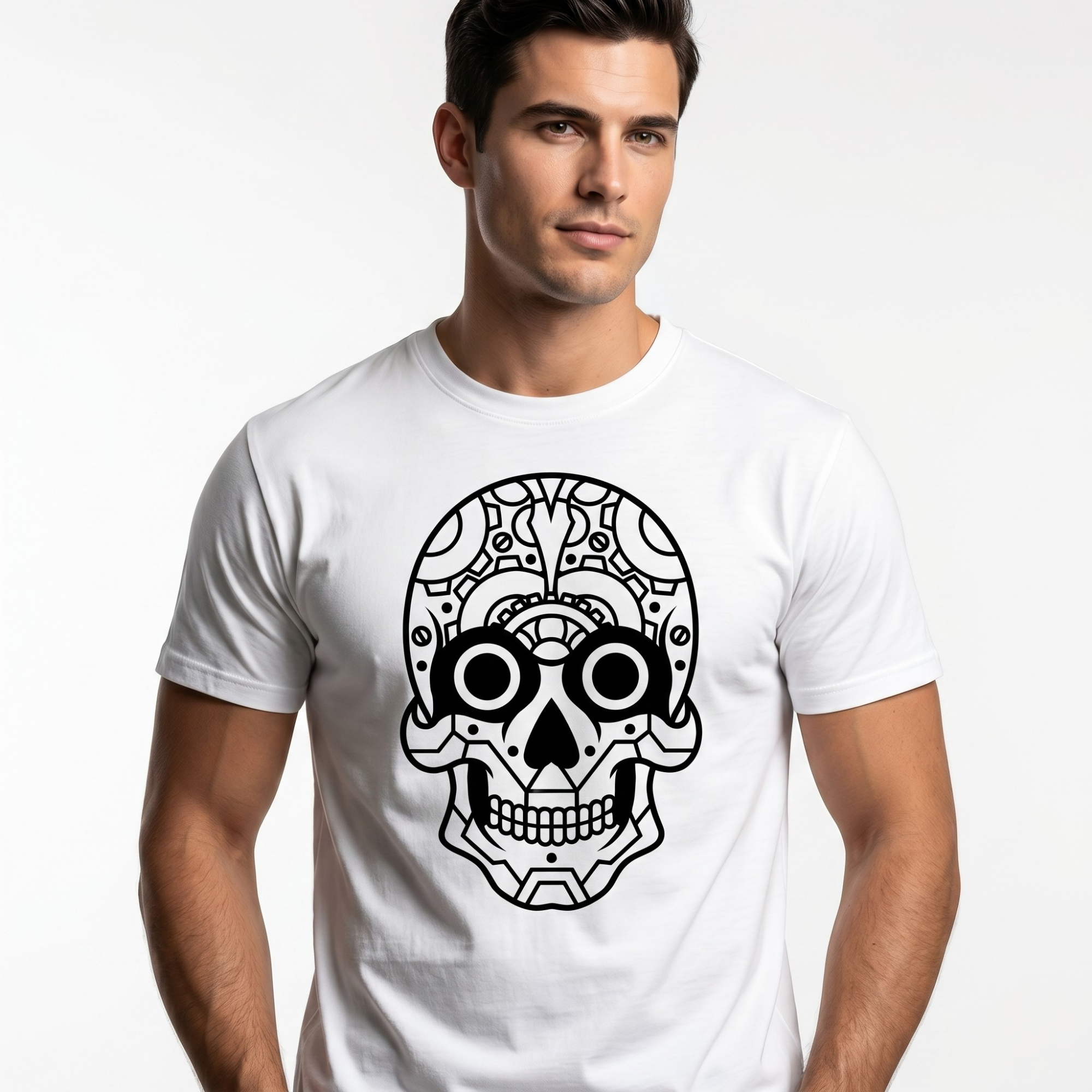 Men's White Geometric Skull Print T-Shirt