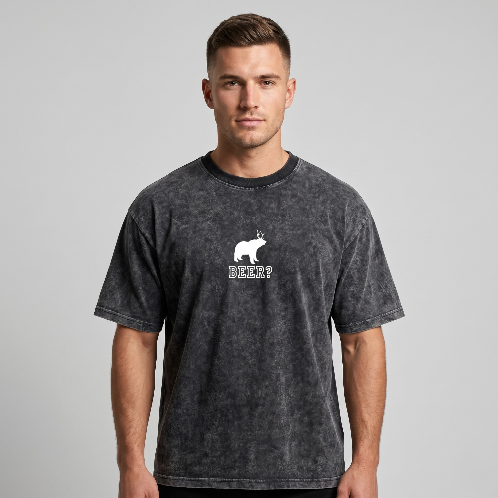 Charcoal Acid Wash Oversized Beer Bear Graphic T-Shirt