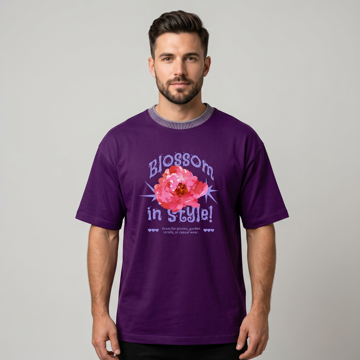 Men's Purple Blossom Rose Graphic Oversized T-Shirt