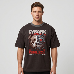 Men's Dark Brown Cyberpunk Pitbull Oversized Graphic T-Shirt