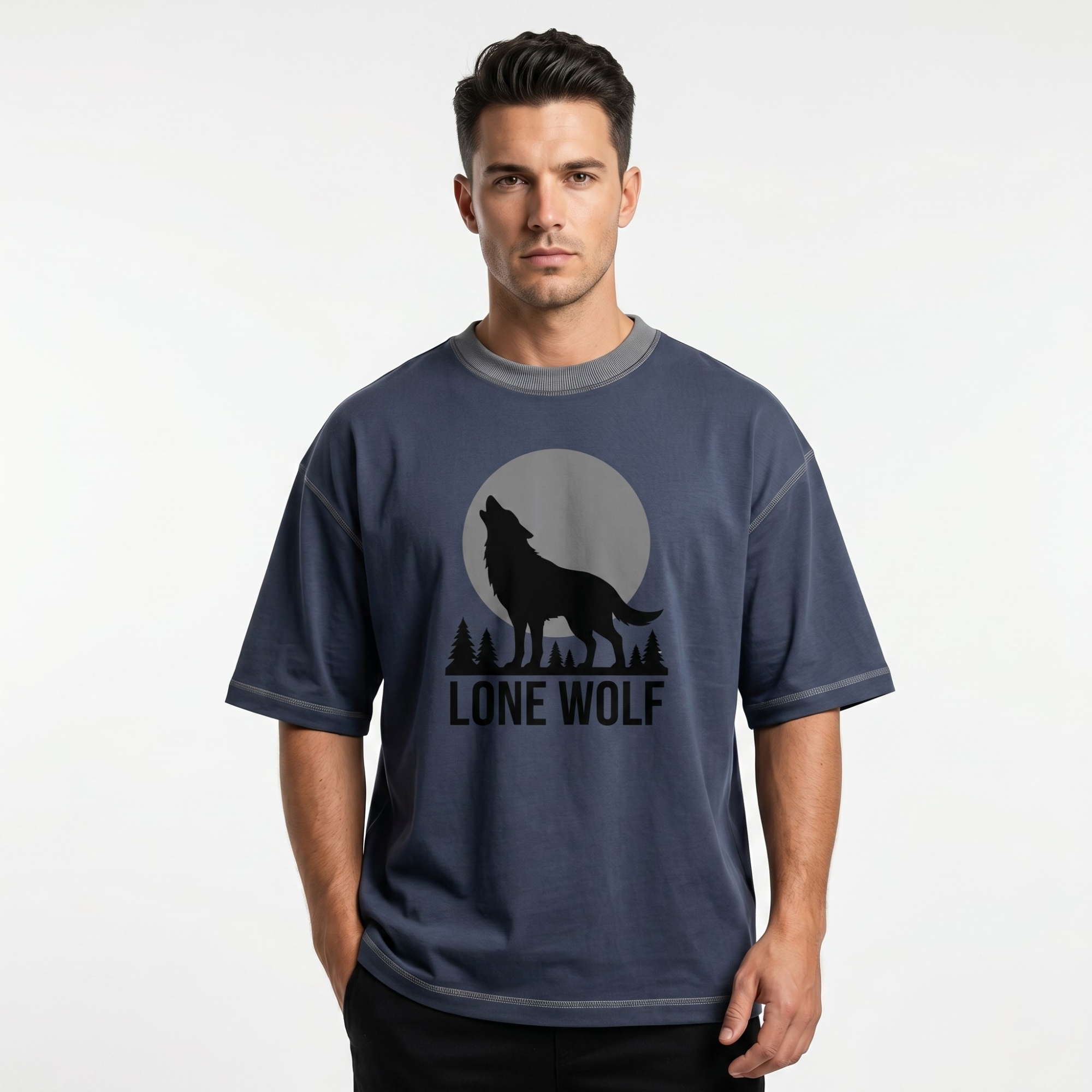 Men's Slate Blue Lone Wolf Graphic Oversized T-Shirt