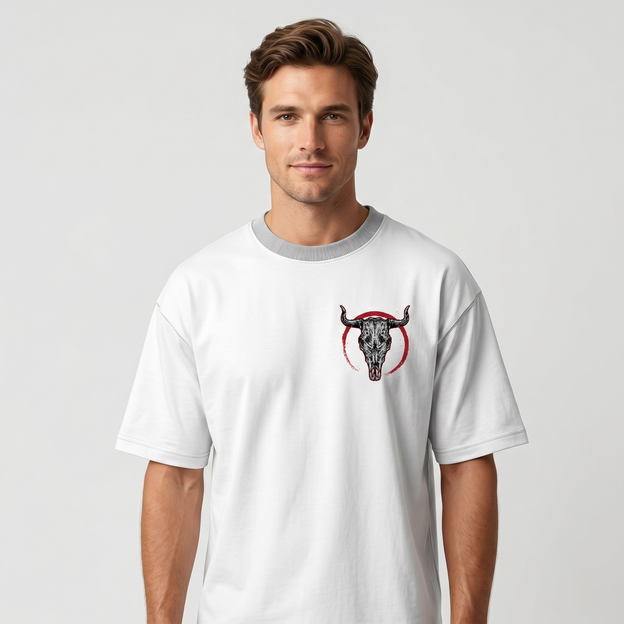 Men's White Bull Skull Graphic Oversized T-Shirt
