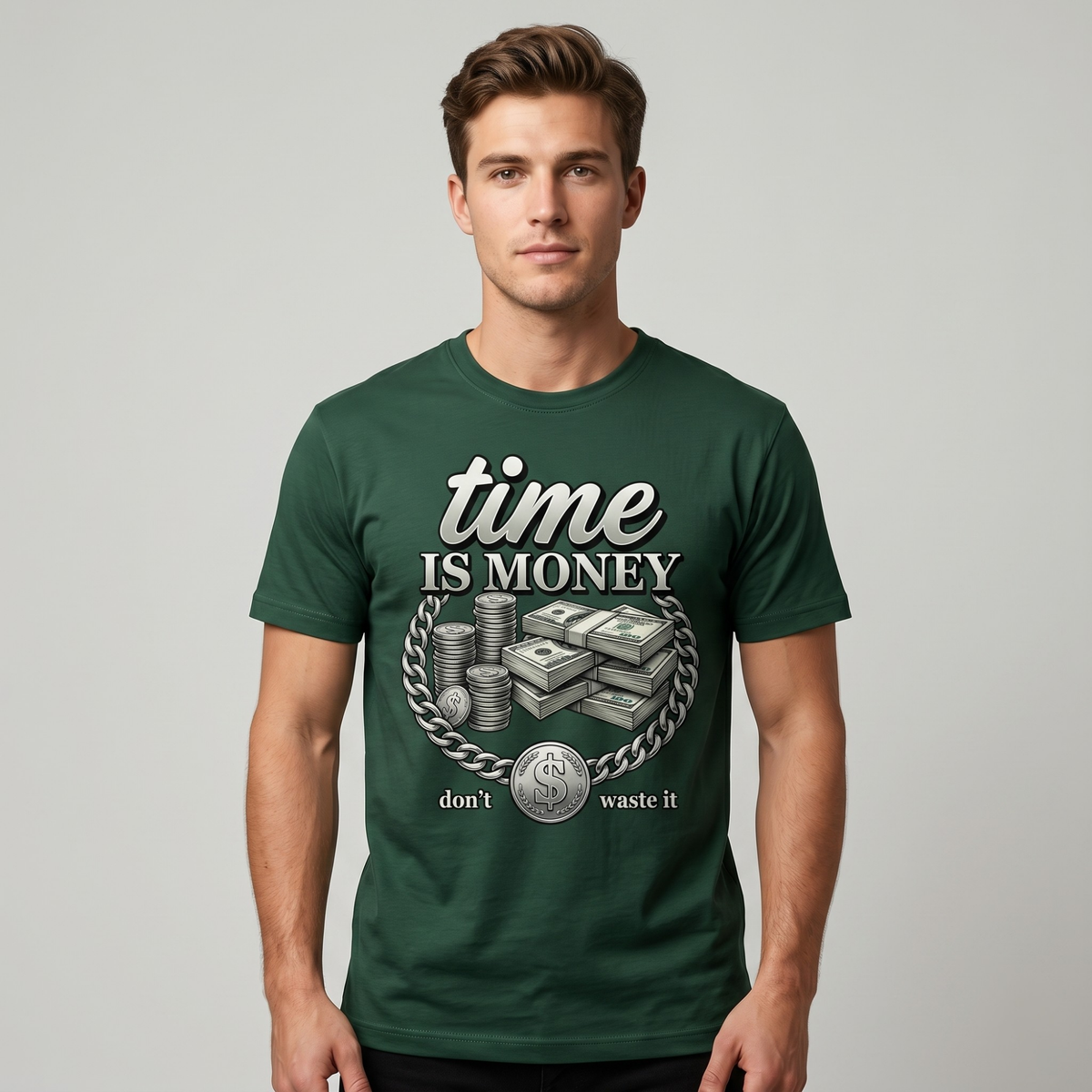 Men's Dark Green Time Is Money Graphic T-Shirt