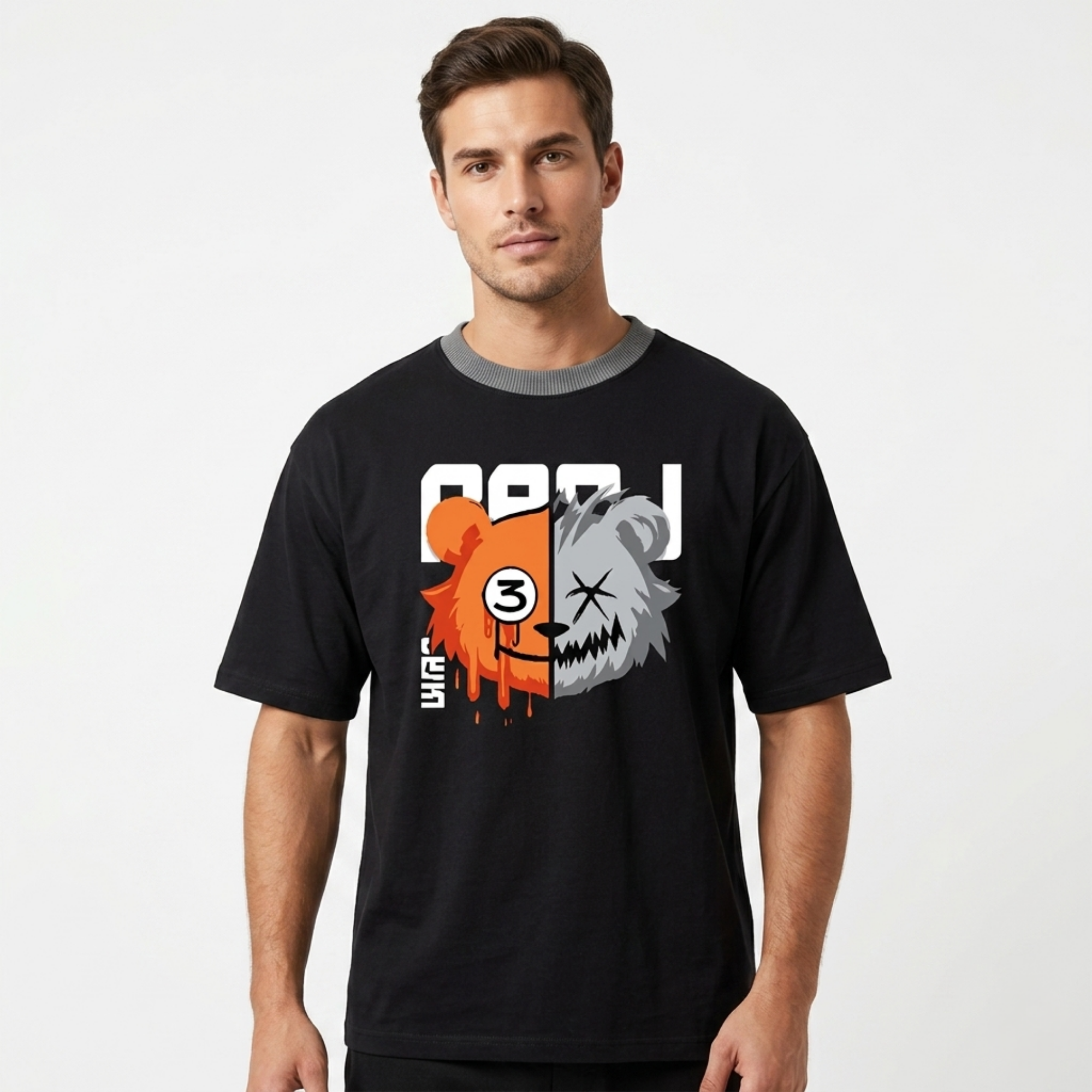 Men's Black Split Bear Graphic Streetwear T-Shirt