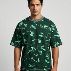 Men's Dark Green Abstract Print Oversized T-Shirt