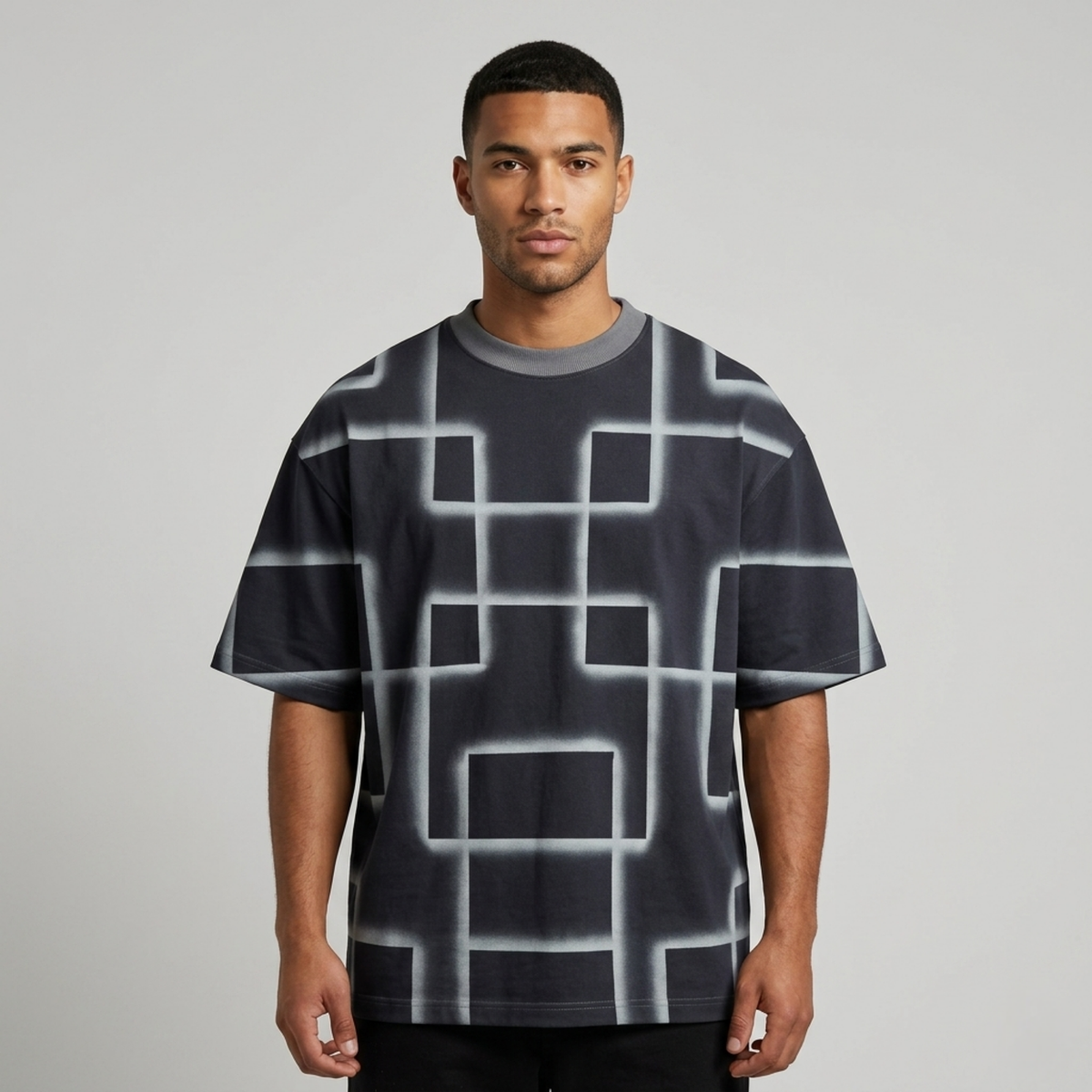 Men's Dark Grey Geometric Glowing Print Oversized T-Shirt