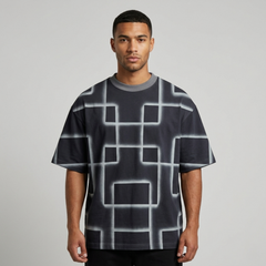 Men's Dark Grey Geometric Glowing Print Oversized T-Shirt