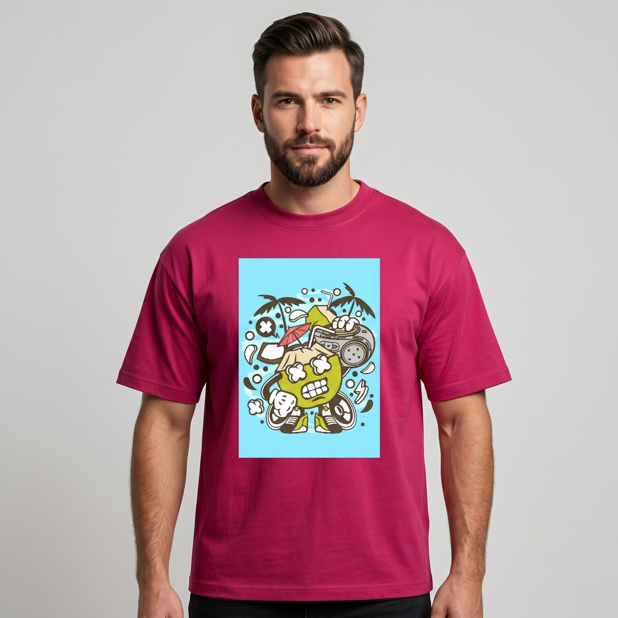 Men's Pink Tropical Coconut Graphic Cotton T-Shirt