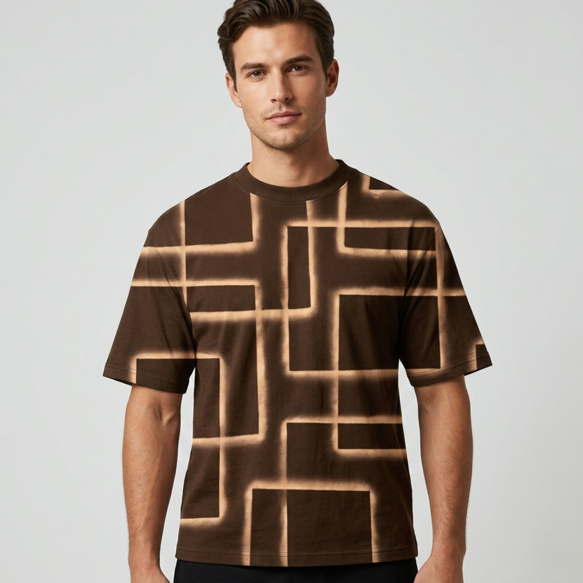 Men's Brown Geometric Grid Oversized T-Shirt