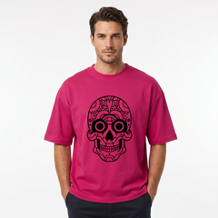 Men's Pink Oversized Geometric Skull Graphic T-Shirt