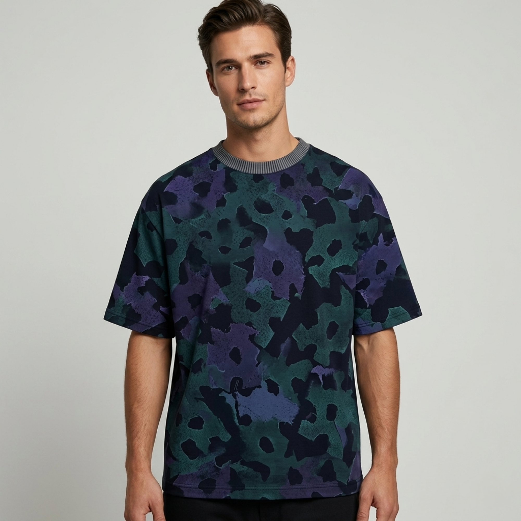Men's Purple and Green Abstract Camo Oversized T-Shirt