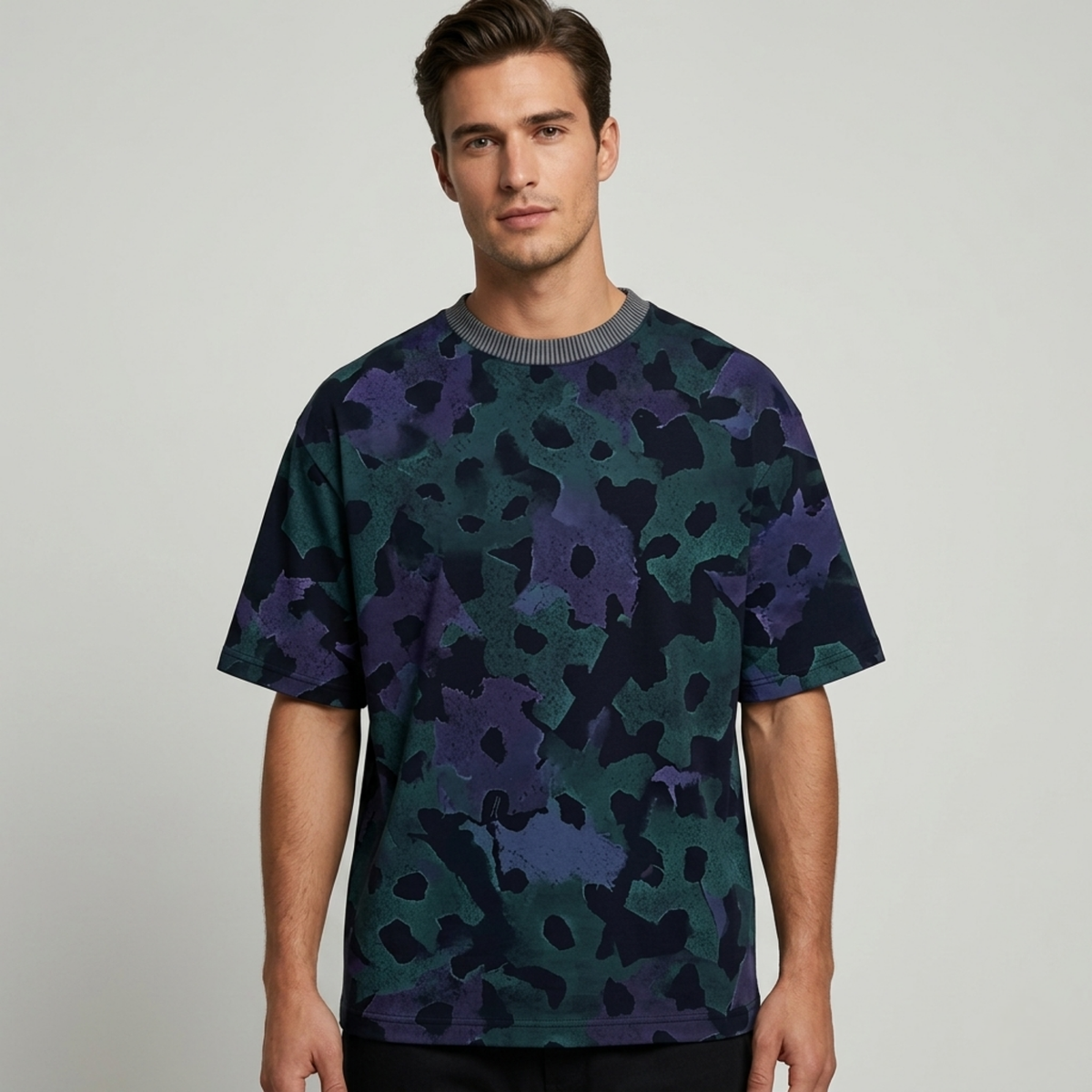 Men's Purple and Green Abstract Camo Oversized T-Shirt