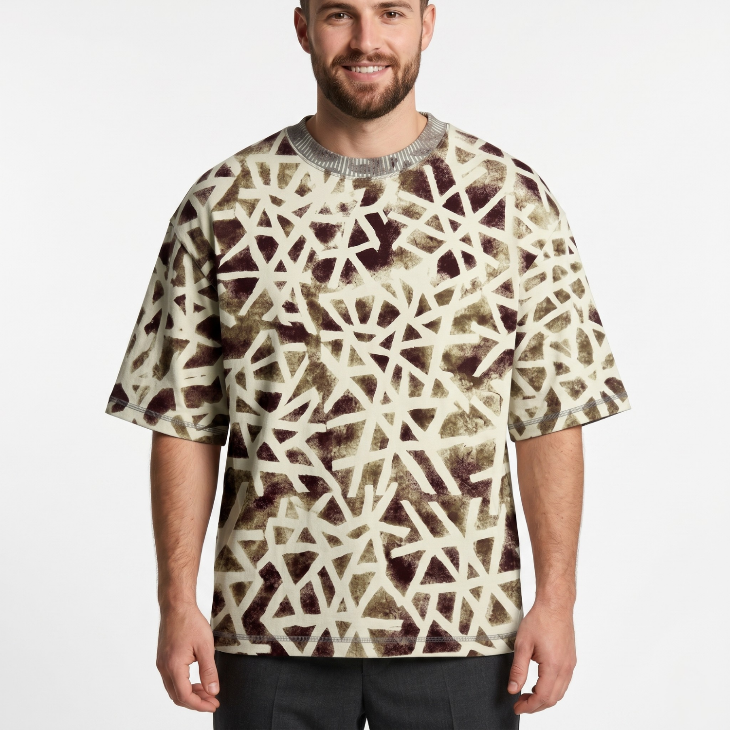 Men's Beige Abstract Geometric Oversized T-Shirt