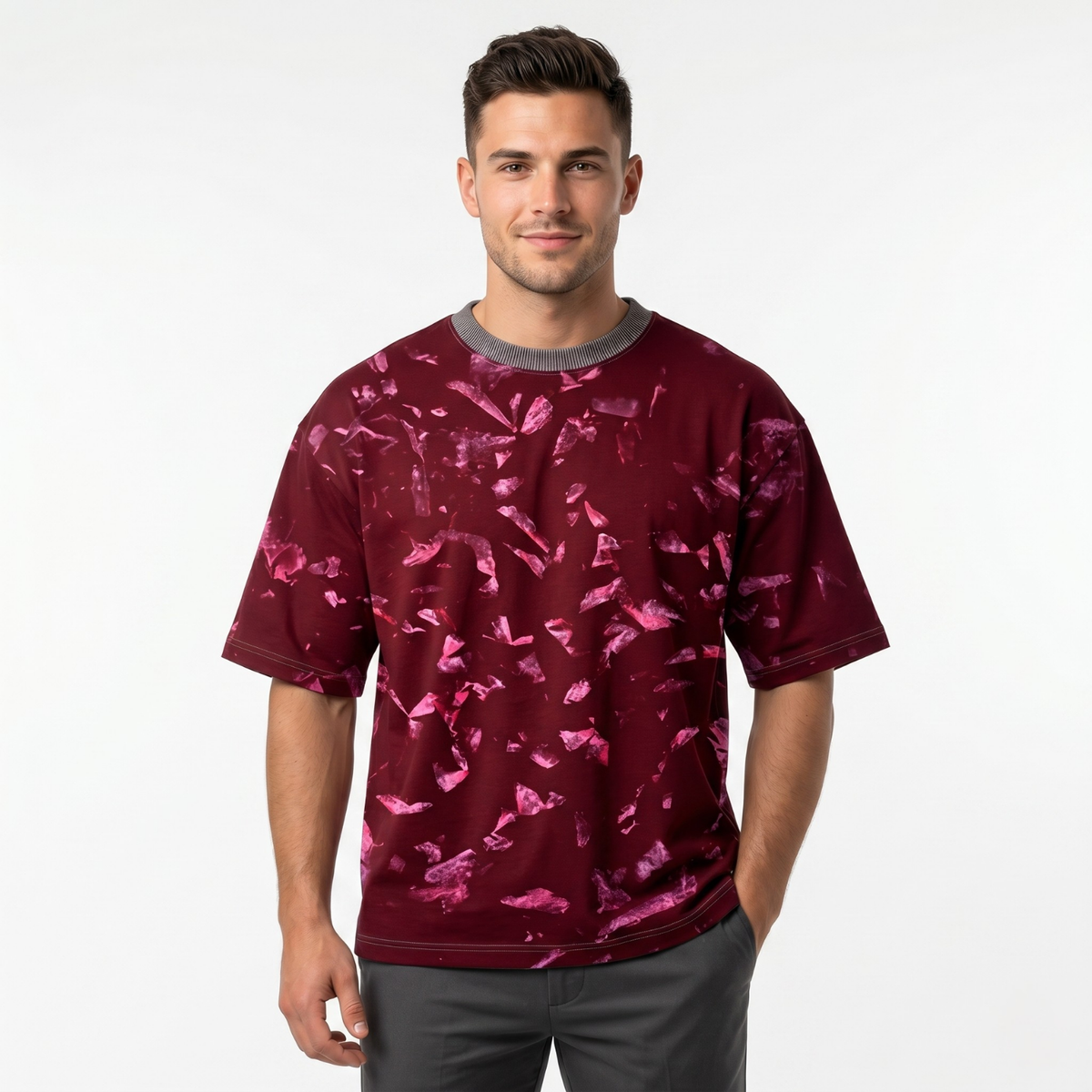 Men's Maroon Abstract Shattered Oversized T-Shirt