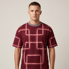 Men's Maroon Geometric Glowing Oversized T-Shirt