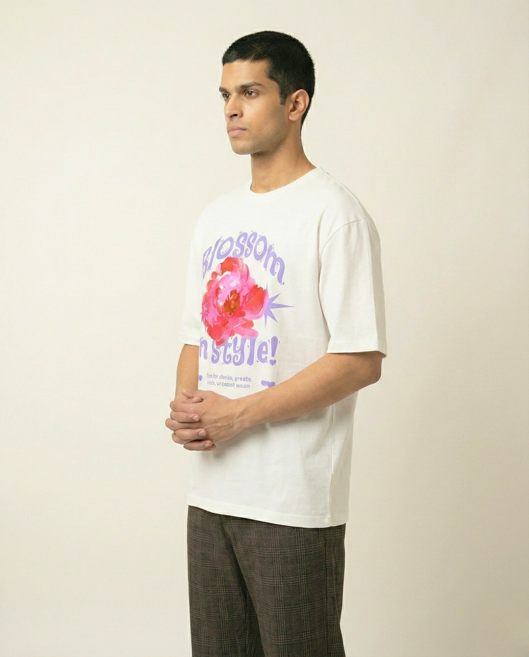 : Blossom in Style White Cotton Oversized Tee for Men Secondary image