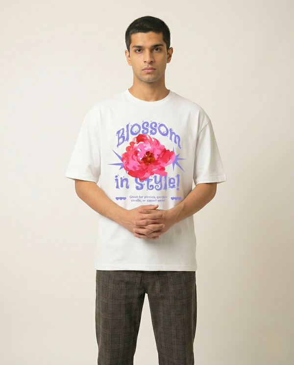 : Blossom in Style White Cotton Oversized Tee for Men