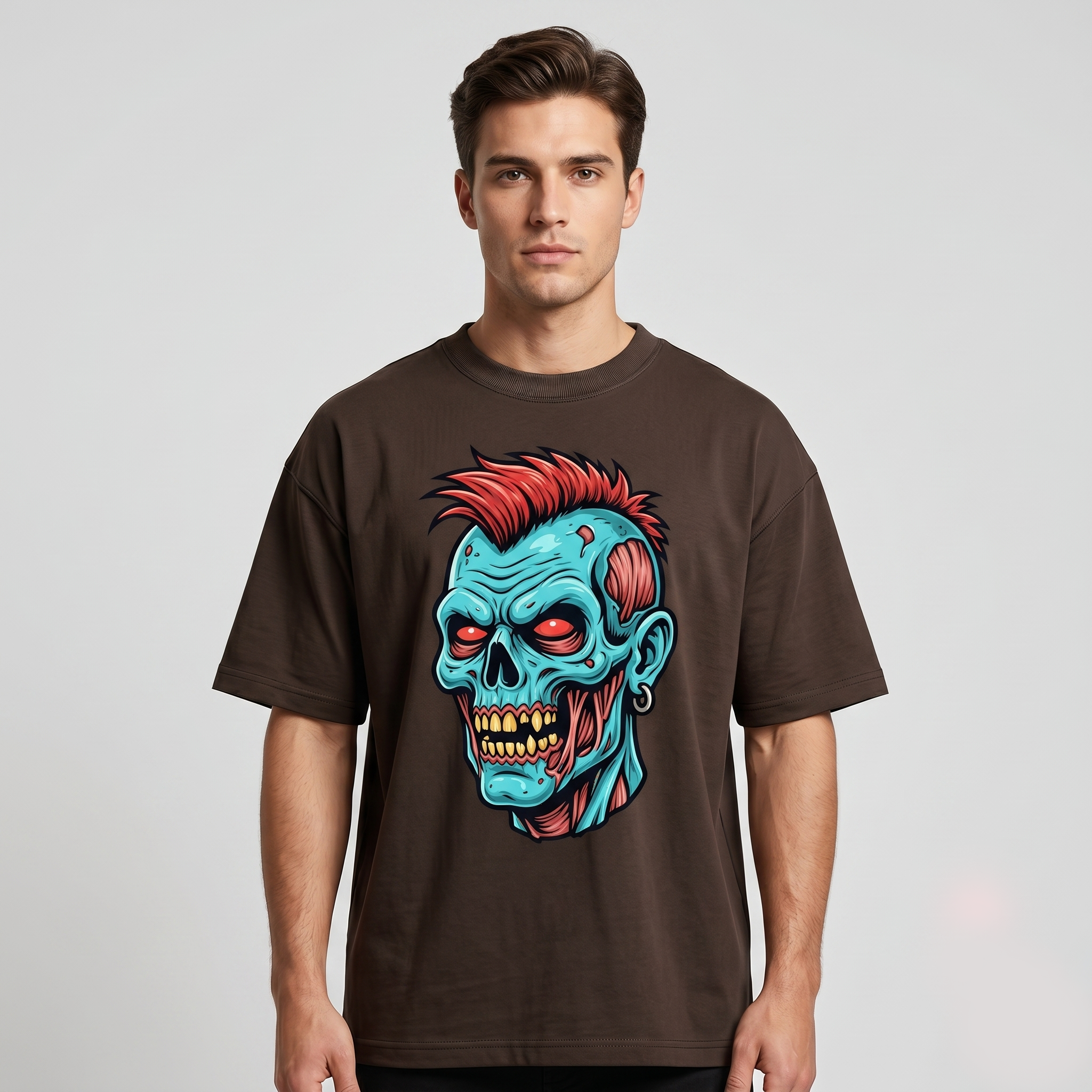 Men's Brown Zombie Graphic Oversized T-Shirt