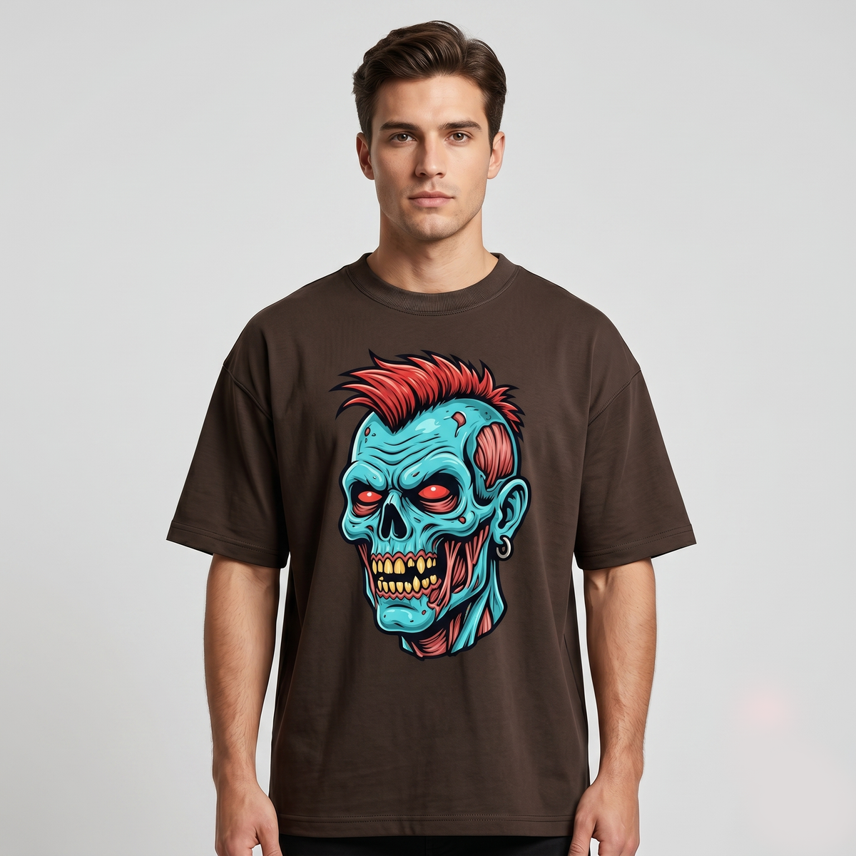 Men's Brown Zombie Graphic Oversized T-Shirt