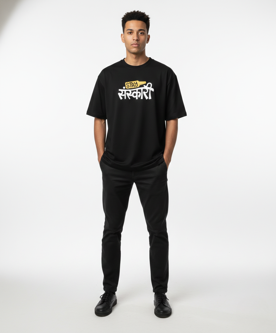 Stay Sanskari Black Oversized Graphic T-Shirt