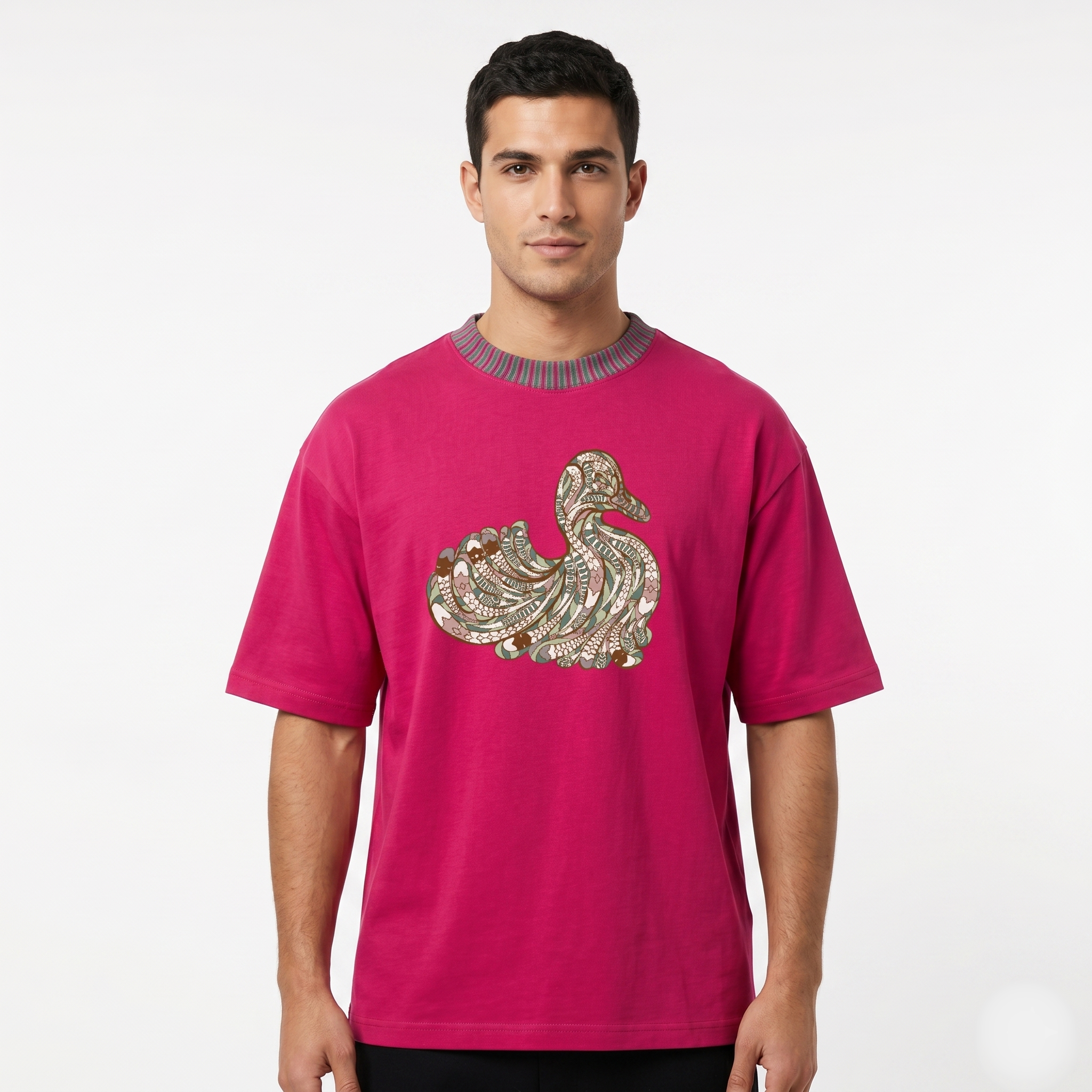 Men's Pink Abstract Duck Graphic Oversized T-Shirt
