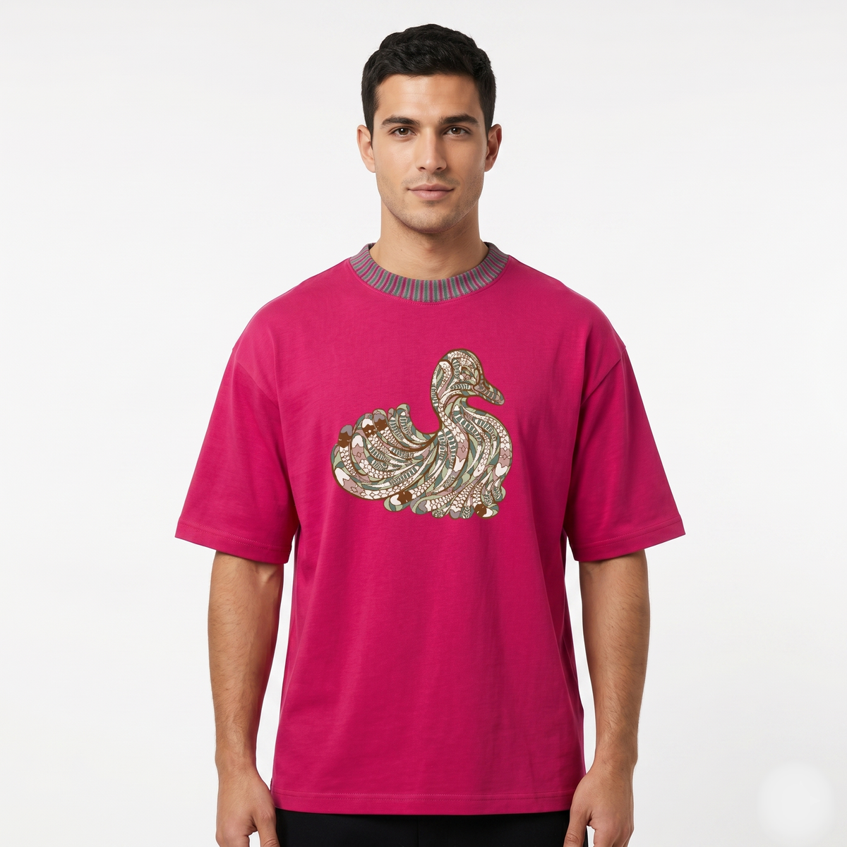 Men's Pink Abstract Duck Graphic Oversized T-Shirt